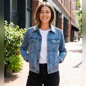 ABLE Women's Bailey Denim Jean Jacket Light Blue Button-Up Moto Winter Size 2X